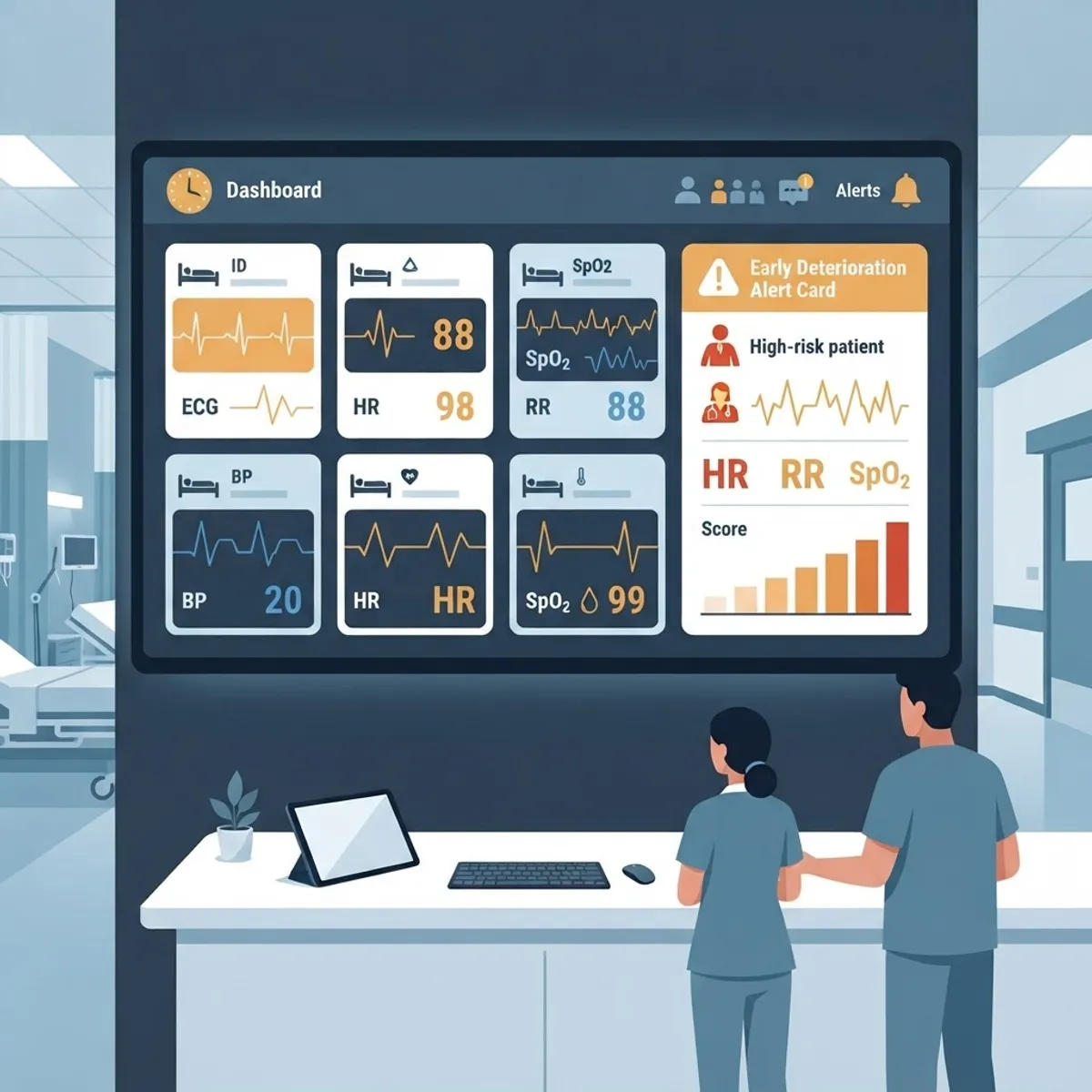 Hospital monitoring dashboard showing patient vitals and an early deterioration alert