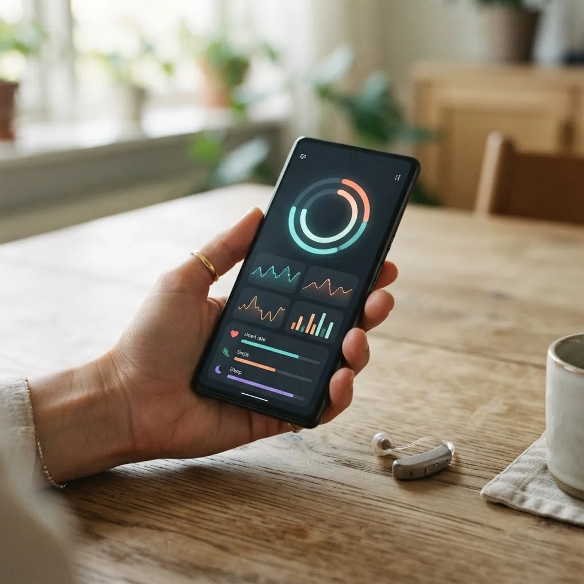 Smartphone health dashboard beside a hearing aid