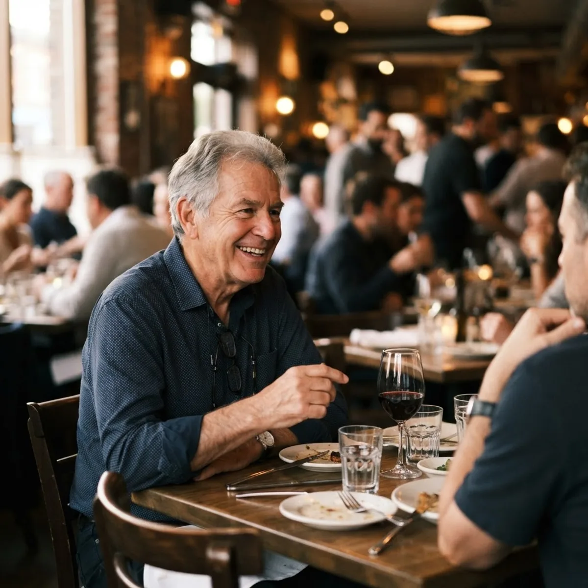 Person in conversation at a busy restaurant with background noise suppressed