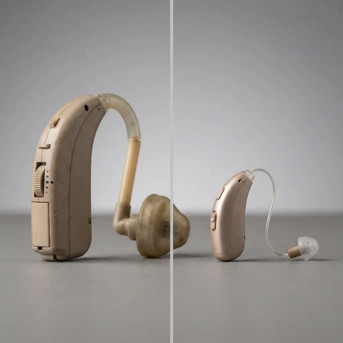 Older analog hearing aid compared with a slim modern smart hearing aid
