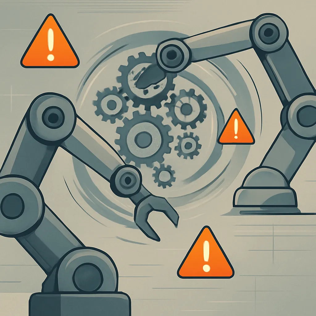 Robotic arms and gears spiraling out of control with warning indicators