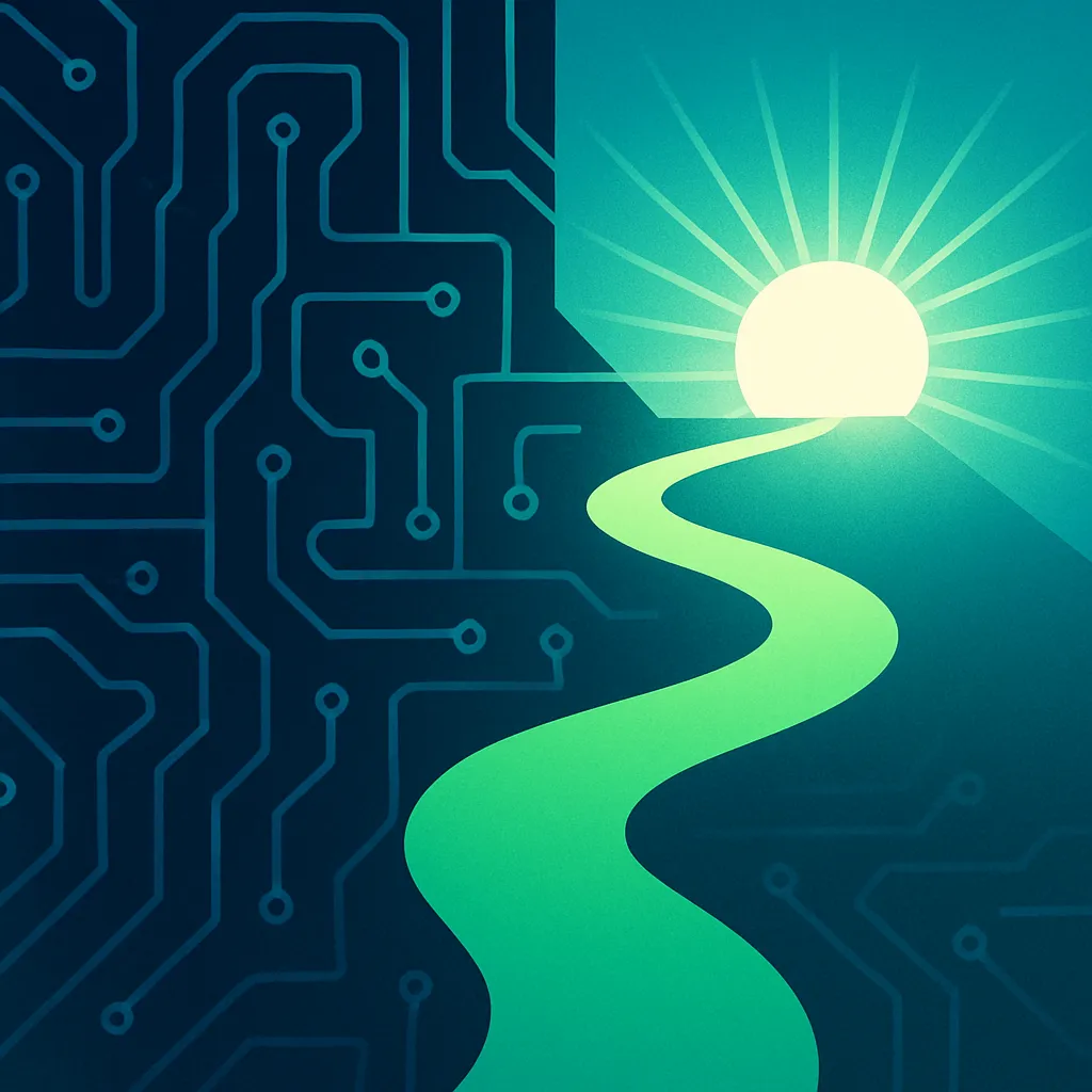 Glowing pathway leading out of a dark maze of circuits toward open light