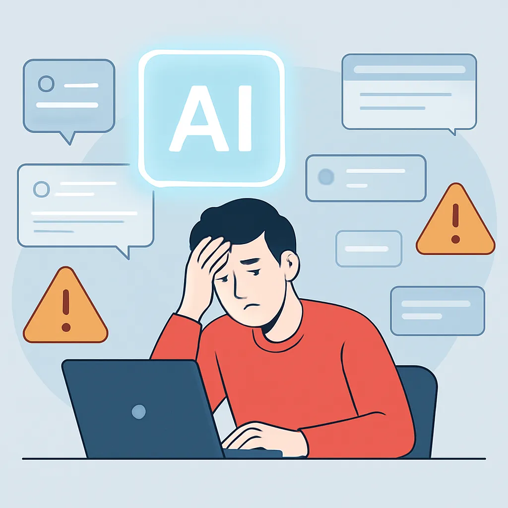 Person overwhelmed by glowing AI interfaces and warning symbols