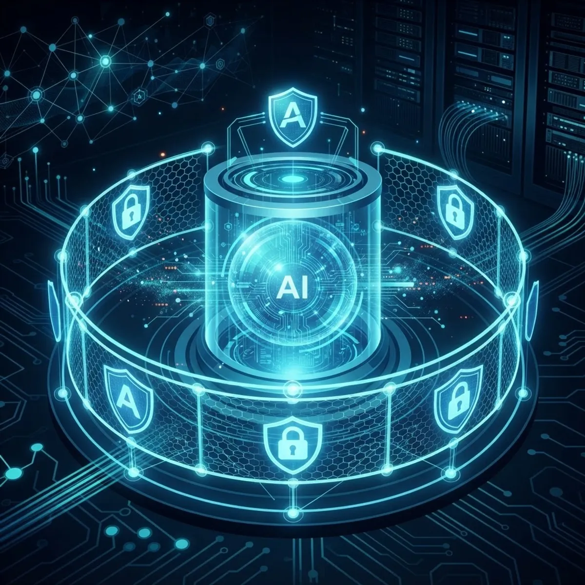 Illustration of digital guardrails and safety shields protecting an AI core
