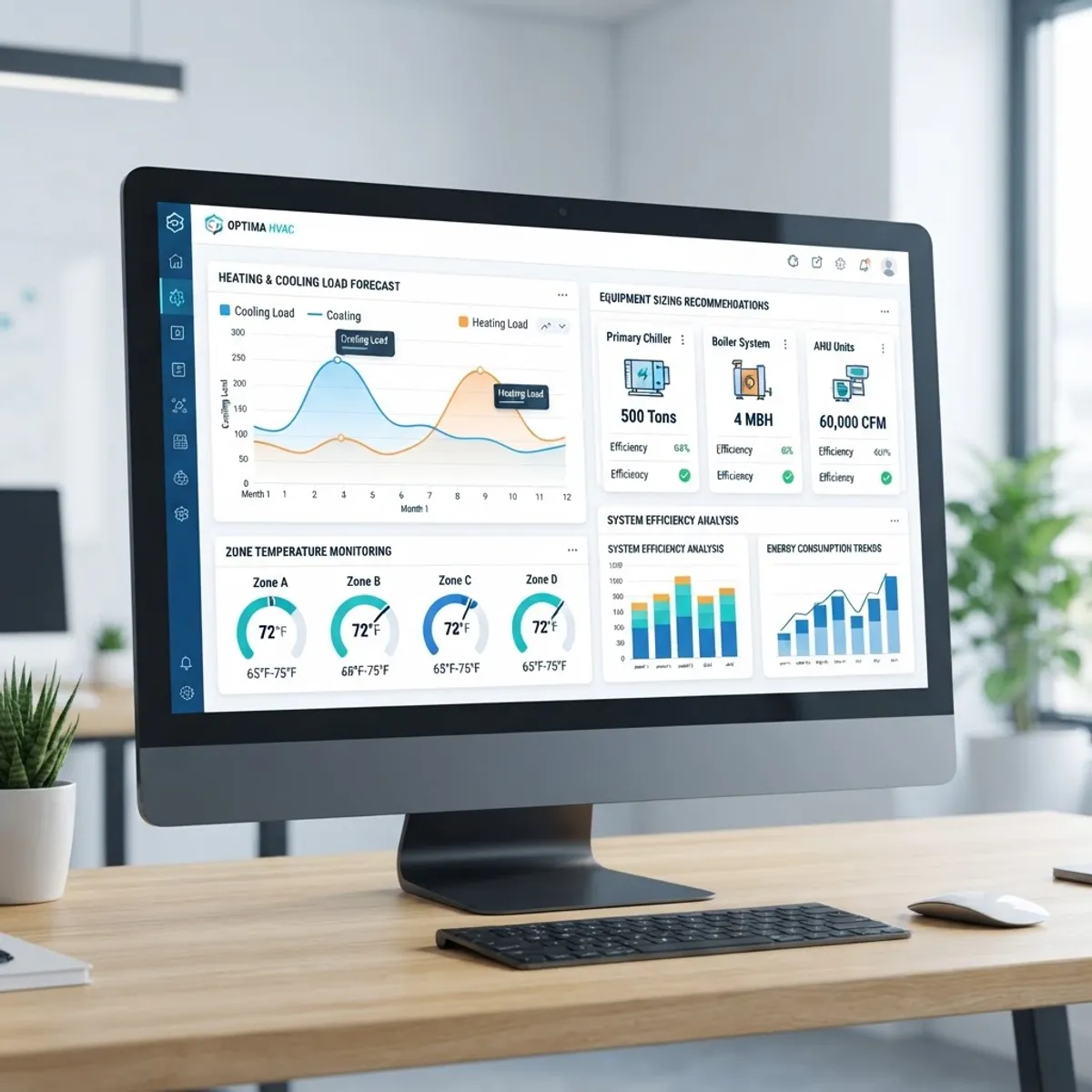 AI HVAC capacity planning dashboard showing load forecasts and equipment sizing