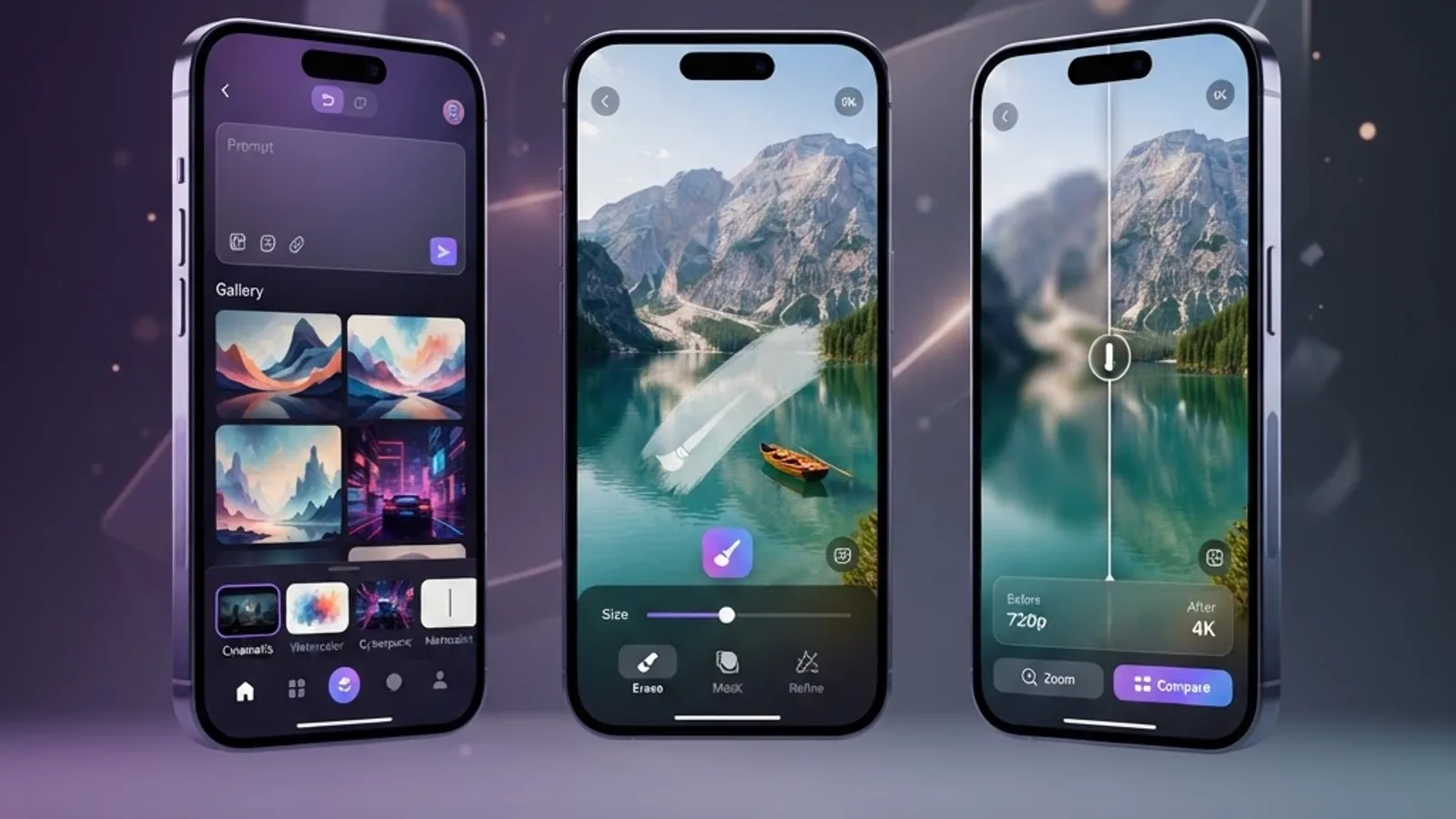 Three app screens showing prompt input, inpainting, and upscaling features