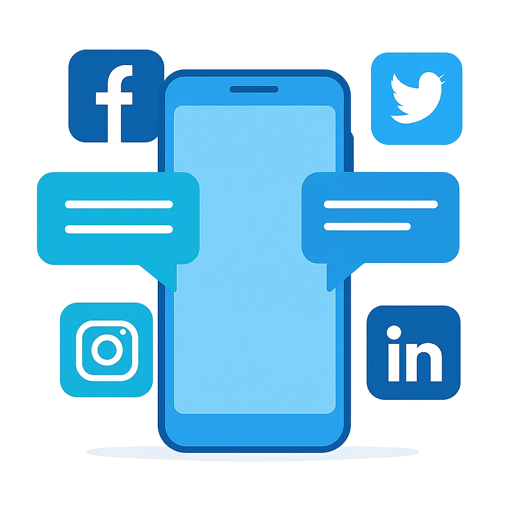 Social media app icons and comment bubbles around a phone