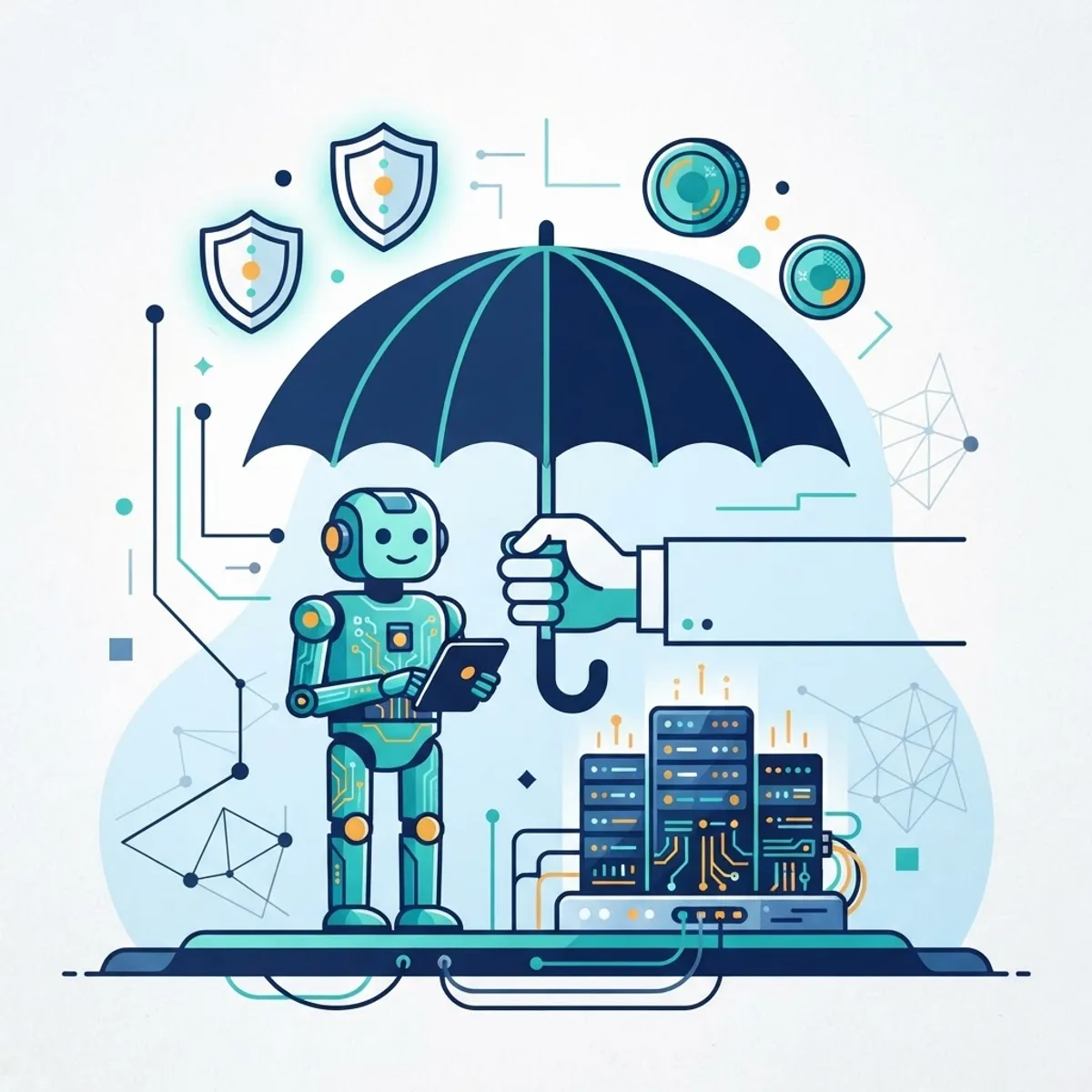 Protective umbrella over a robot and data servers with shield icons