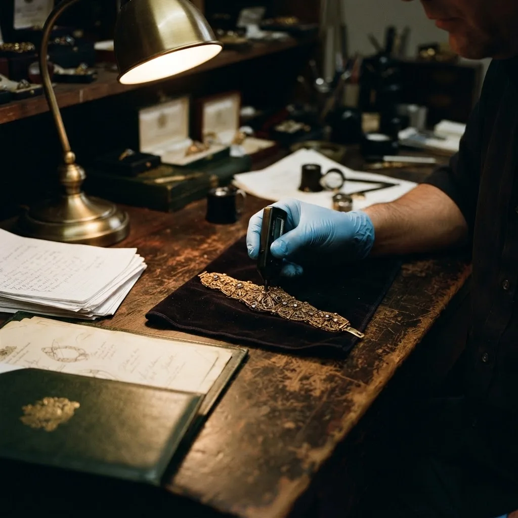 Gloved hand inspecting an antique gold bracelet with a handheld device
