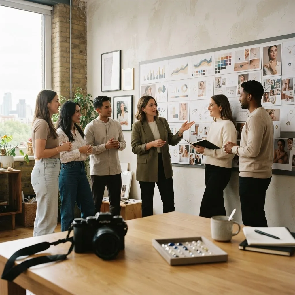 Jewelry brand marketing team reviewing a performance dashboard in a studio