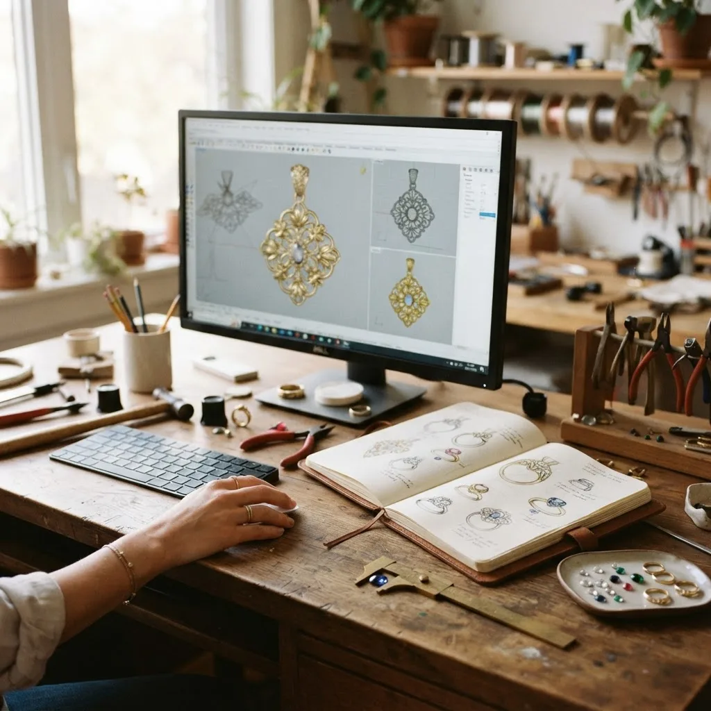Jewelry designer workspace with 3D CAD software modeling a gold pendant