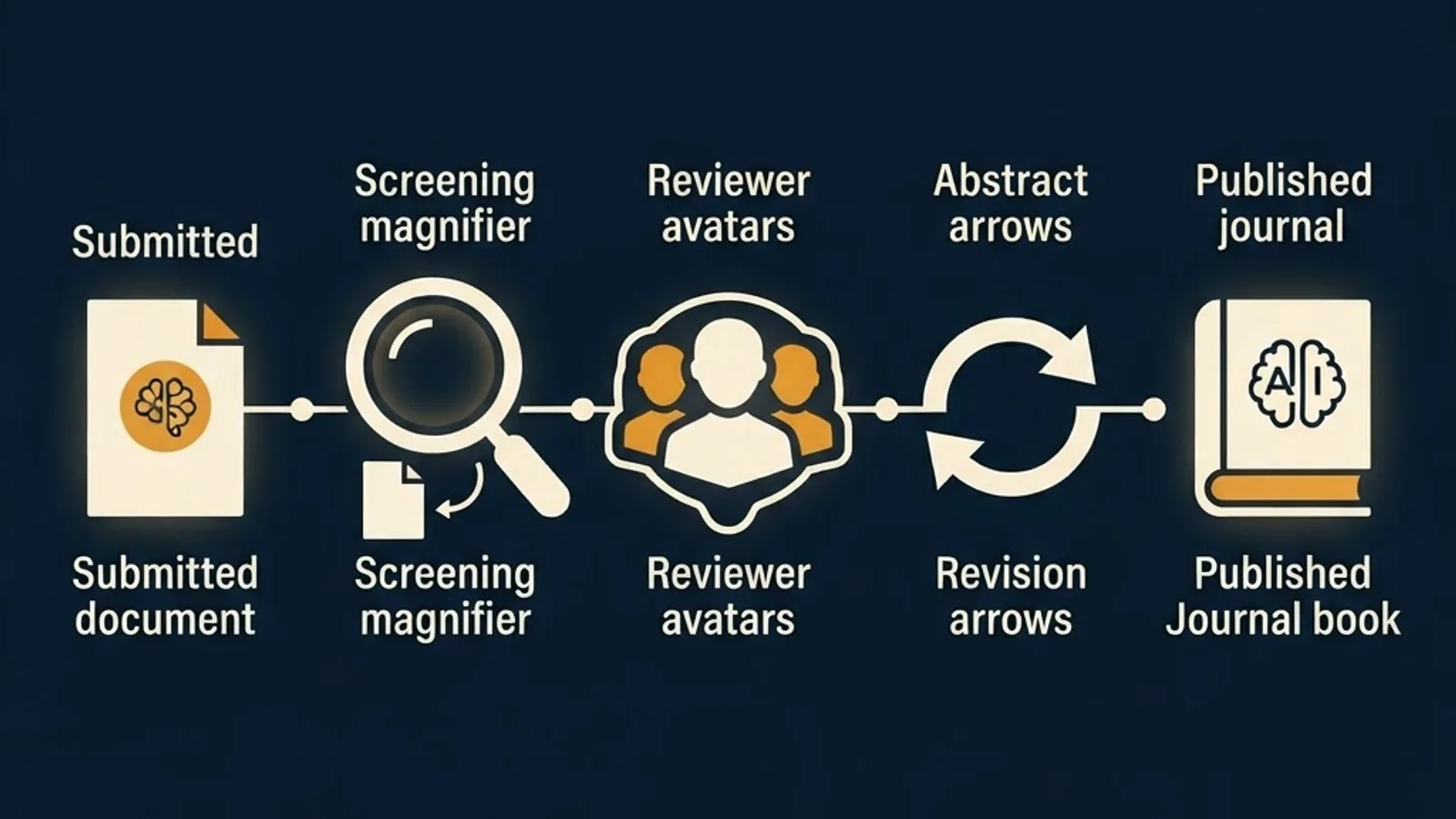 Five stage peer review pipeline shown as connected icons for submission, screening, review, revision and publication