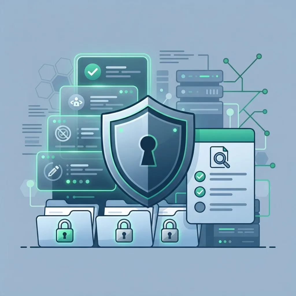Security shield with layered document permission panels and padlocked folders