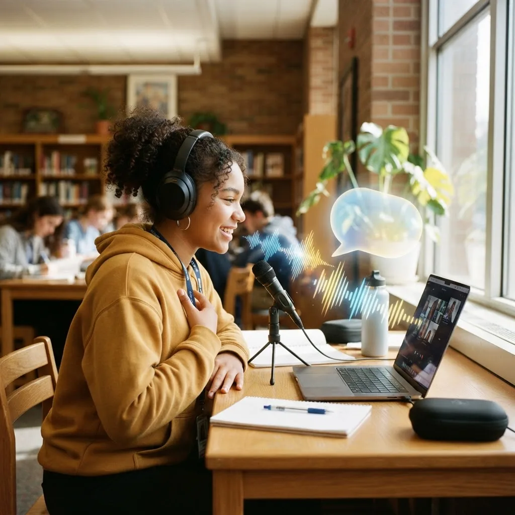 Student practicing spoken language with an AI tool on a laptop in a school library