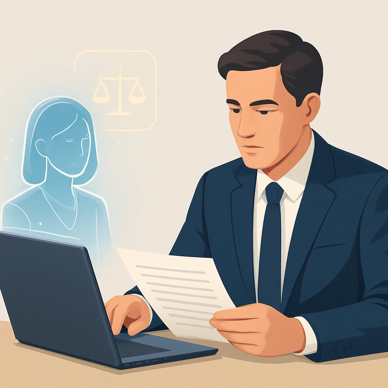 Lawyer reviewing documents on a laptop with holographic AI assistant elements