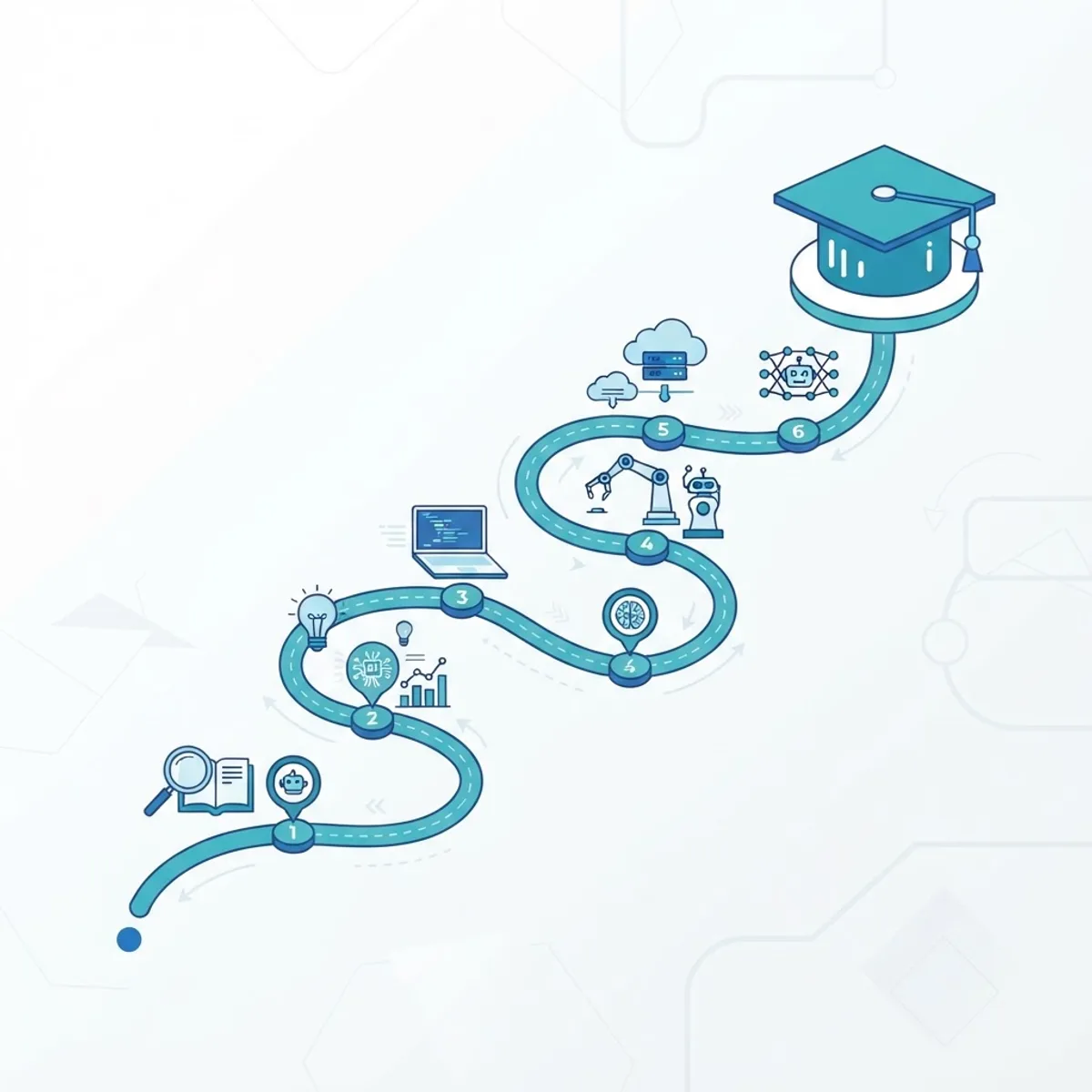 AI learning path roadmap with milestones leading to a graduation cap