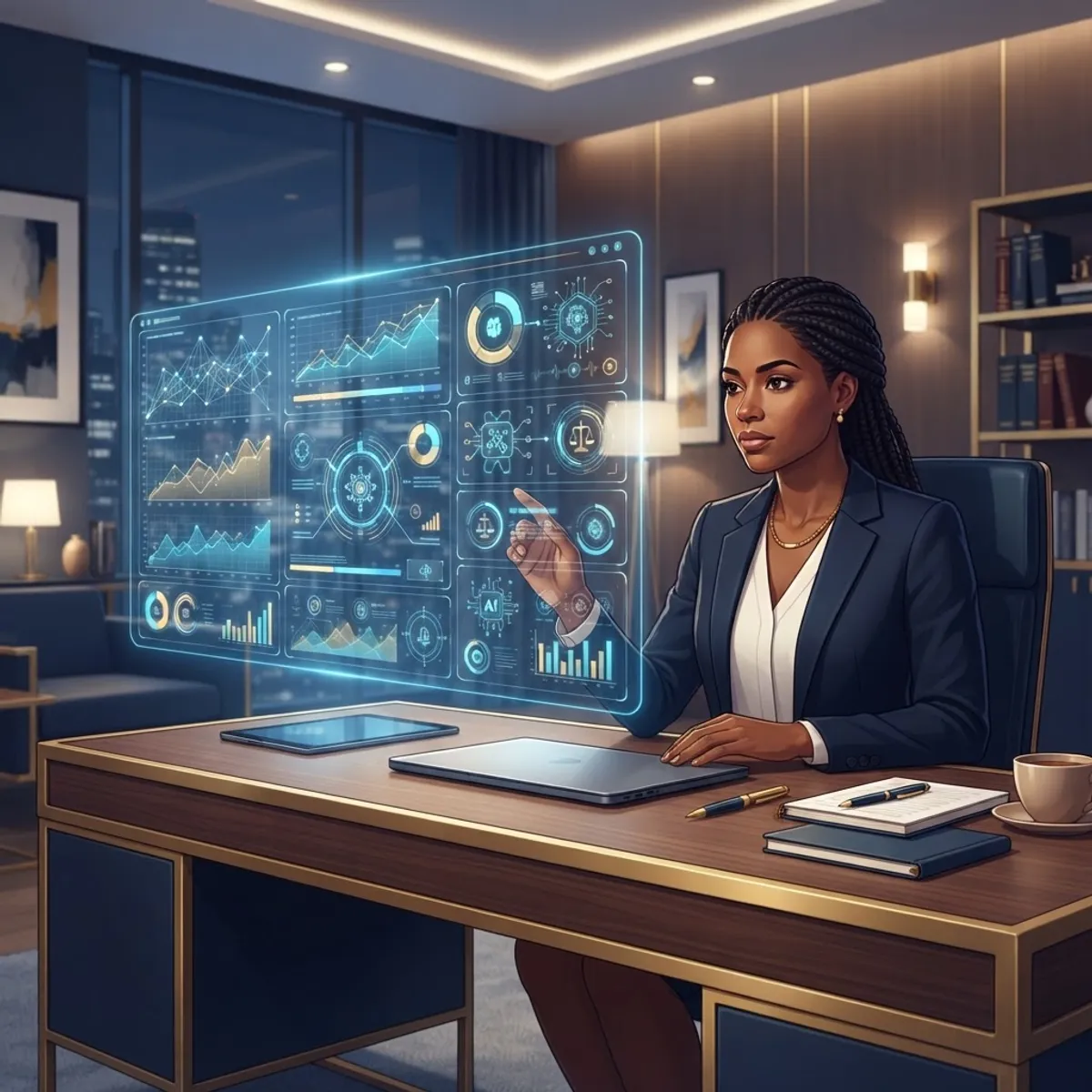 Lawyer reviewing AI legal analytics dashboard with case data charts