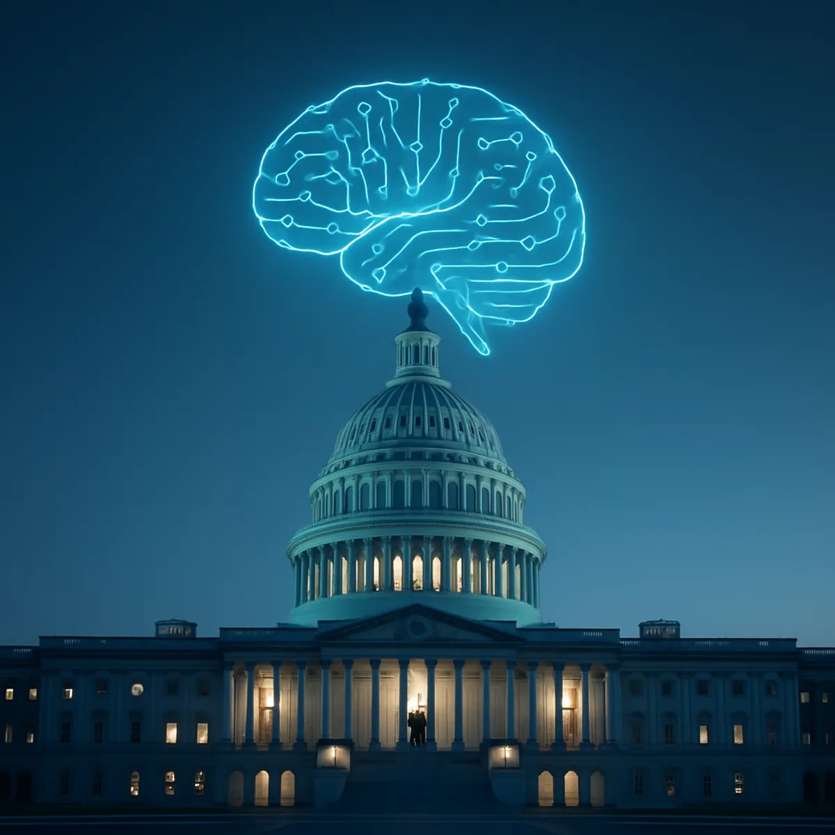 Capitol Hill at dusk with a holographic AI brain icon above