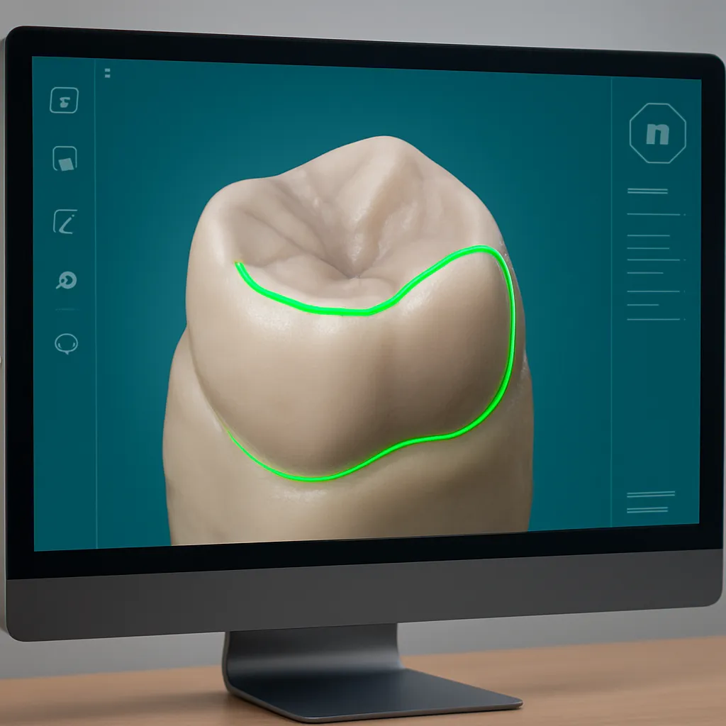 AI automatically highlighting the preparation margin on a 3D tooth