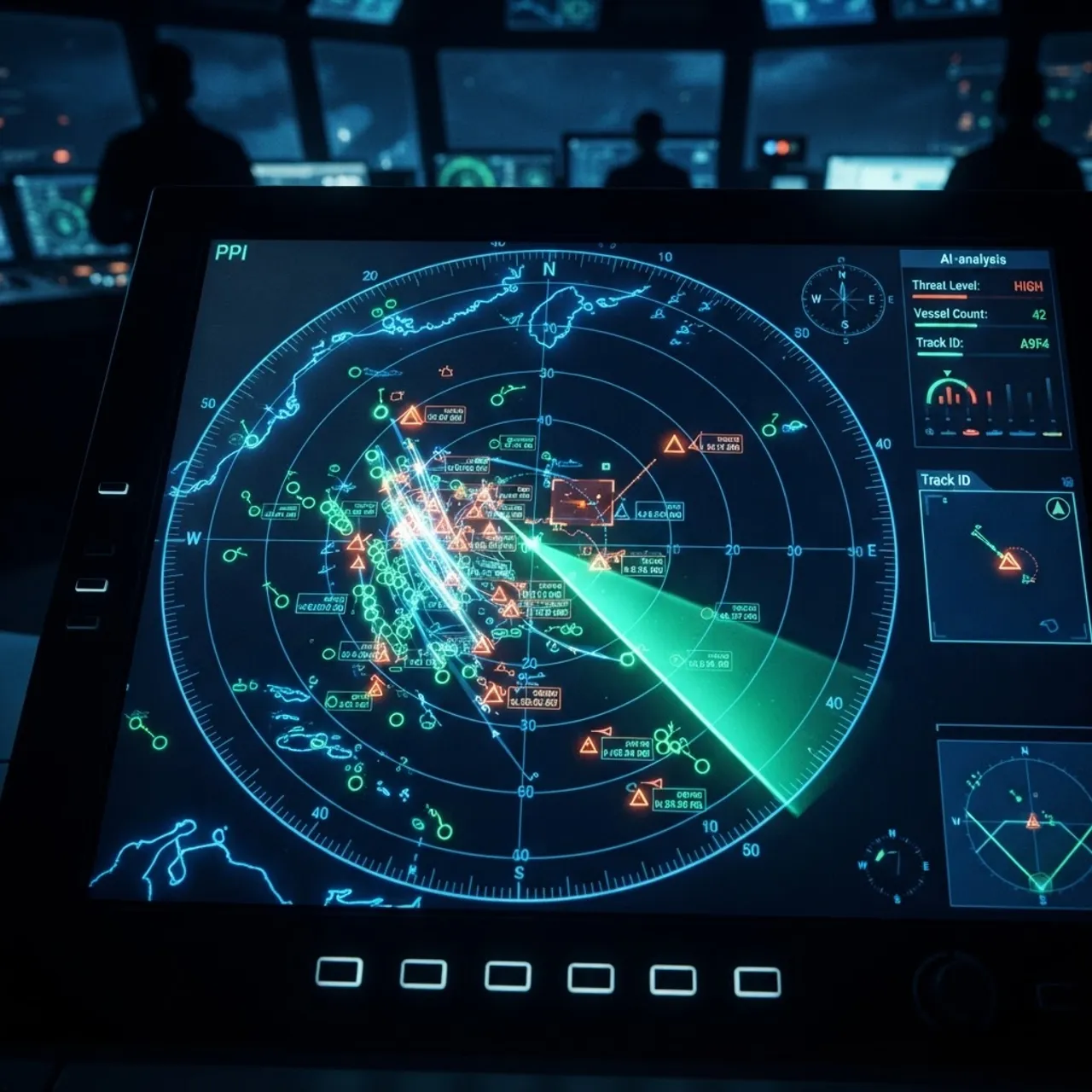 AI-powered maritime surveillance radar detecting vessel contacts