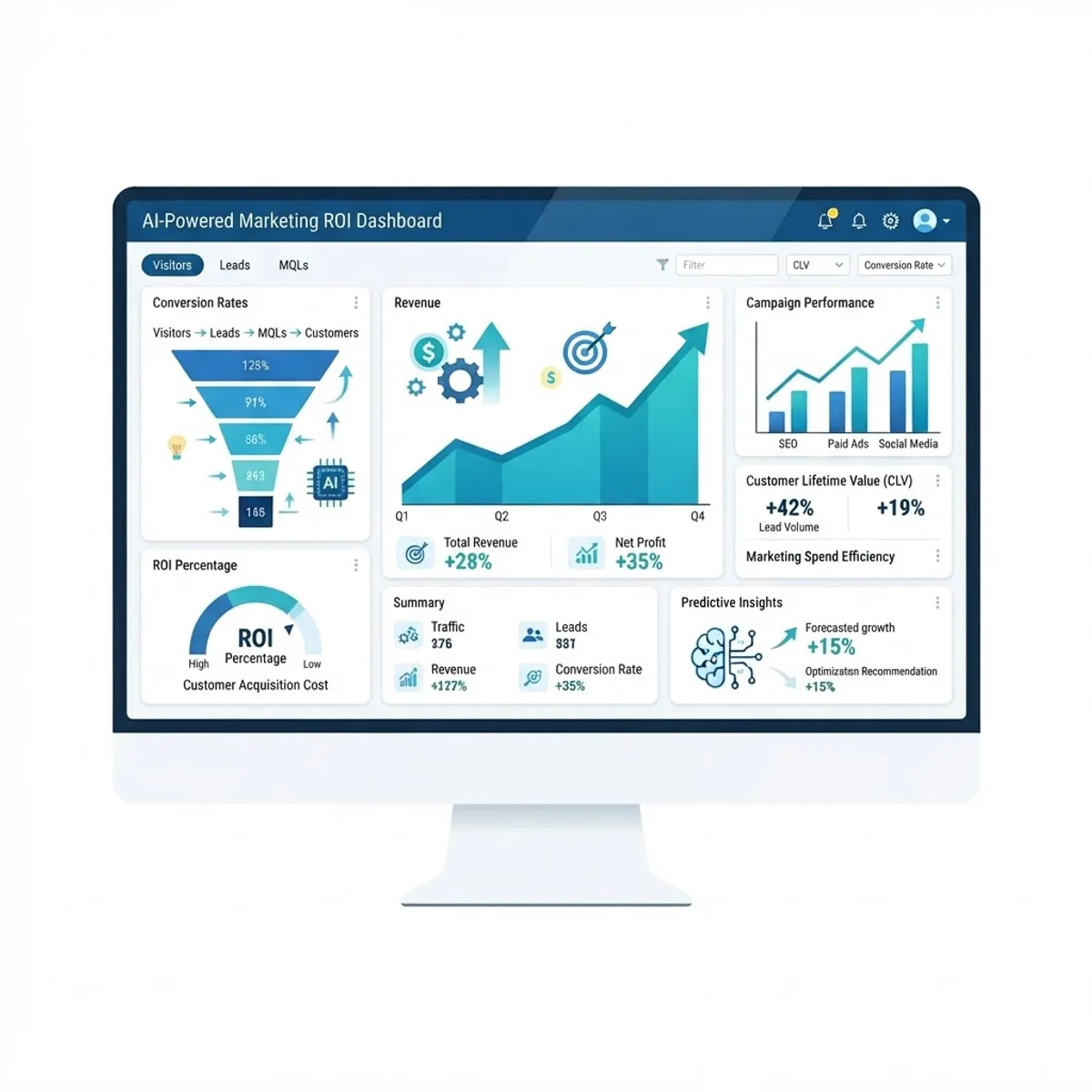 AI marketing ROI dashboard showing revenue growth