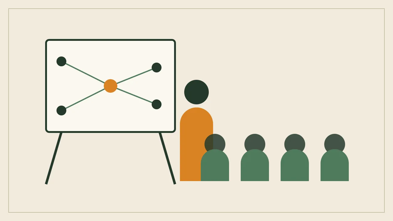 Scout teaching an AI lesson to peers using a node diagram
