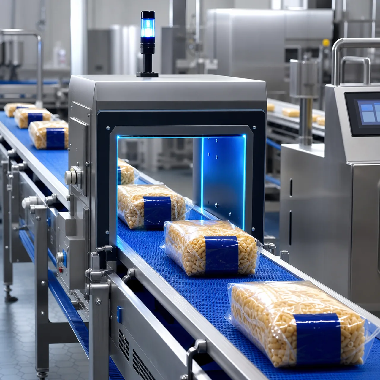 Industrial AI metal detection system on a production conveyor belt