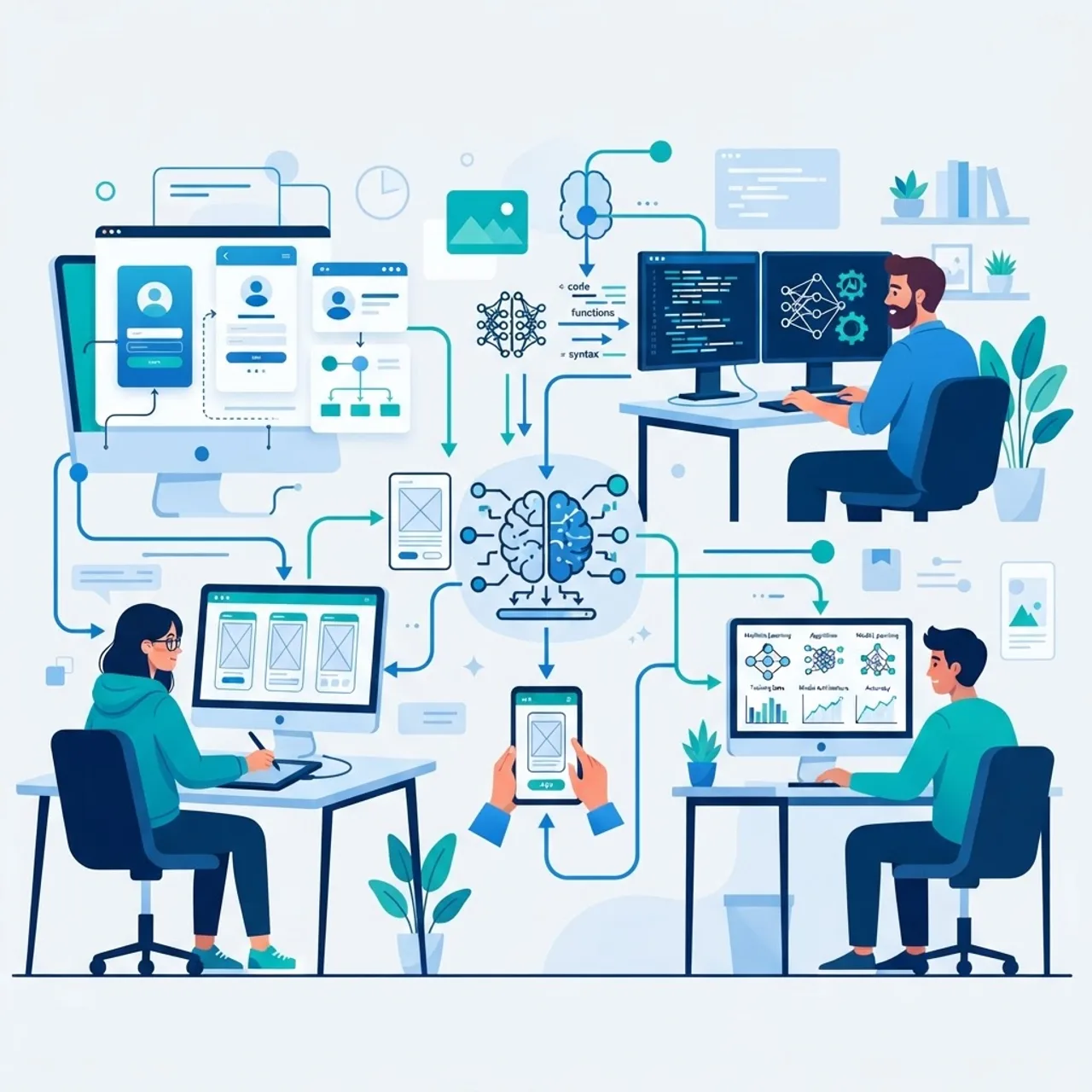 AI mobile app development workflow with wireframes and models