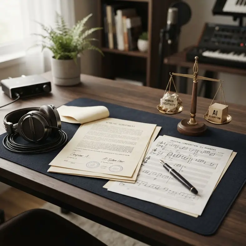 Copyright documents beside headphones and a music manuscript