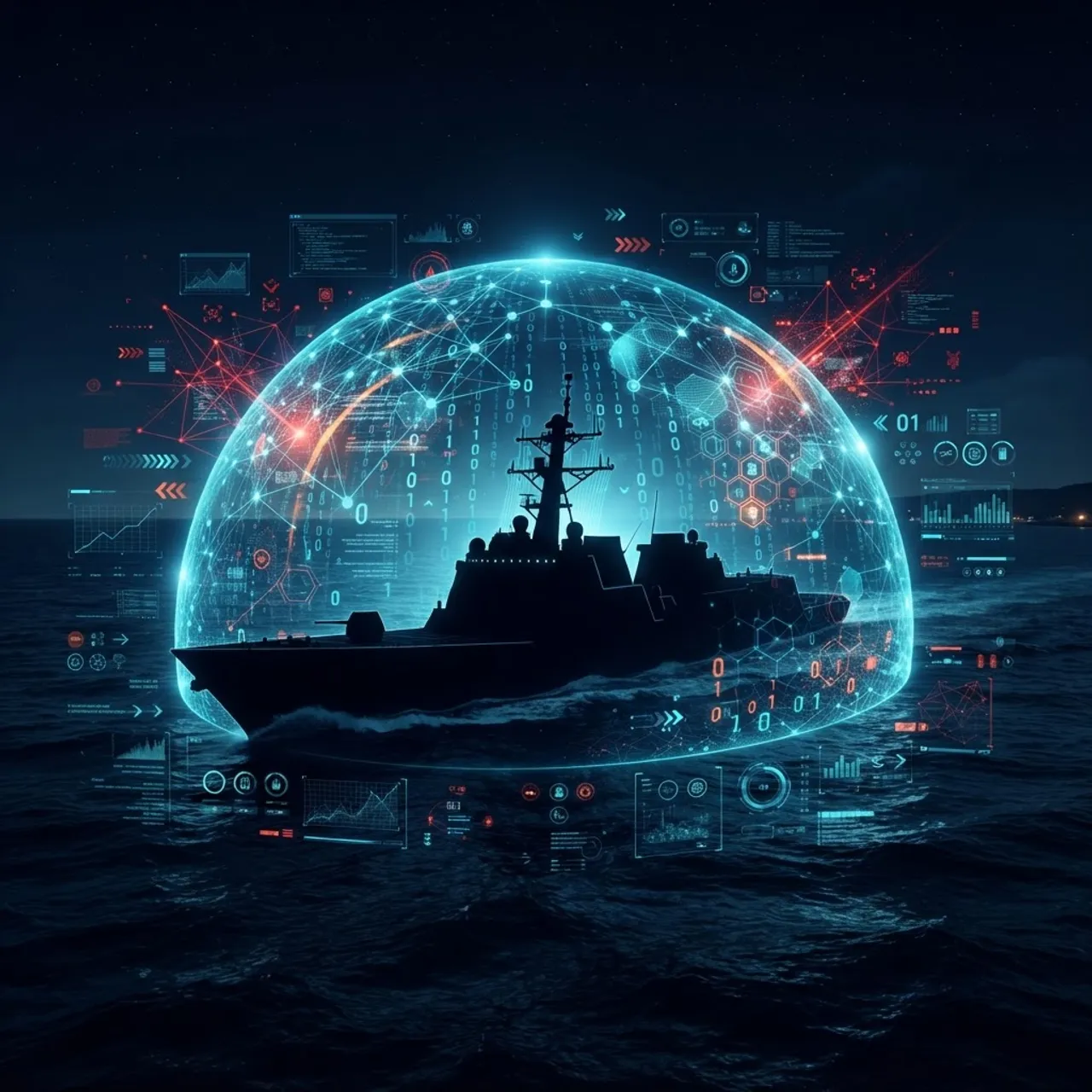 Warship protected by an AI-powered digital cybersecurity shield