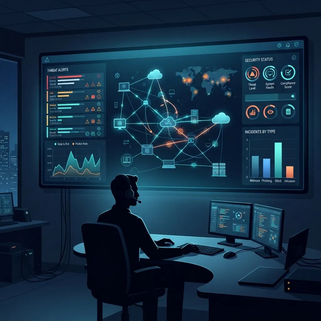 AI-powered network security operations dashboard with threat analytics