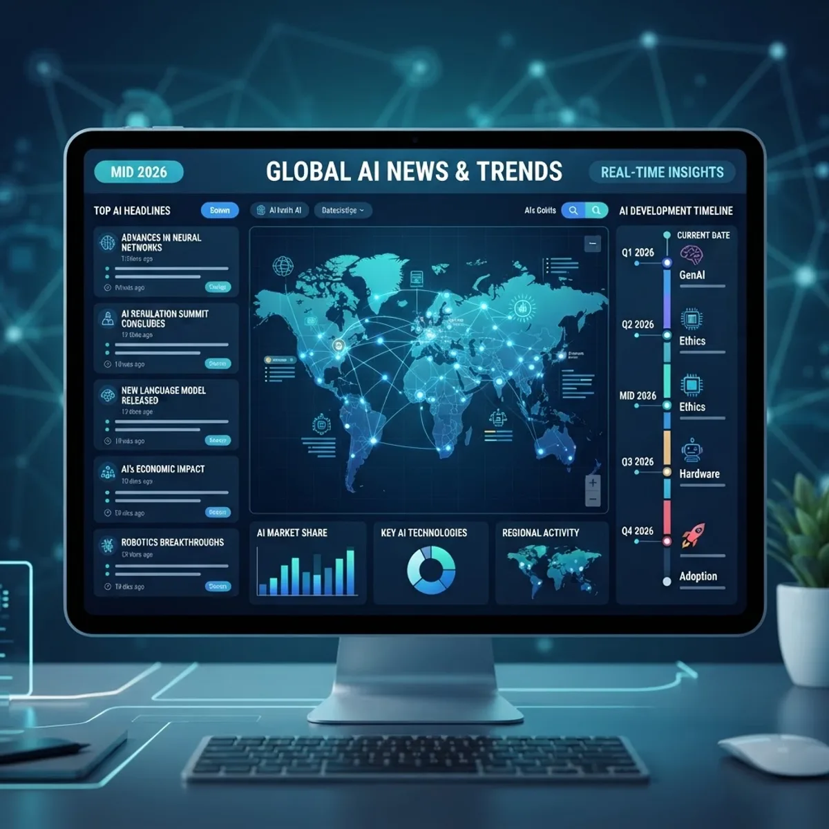 Global AI news dashboard showing headlines and world map for mid 2026