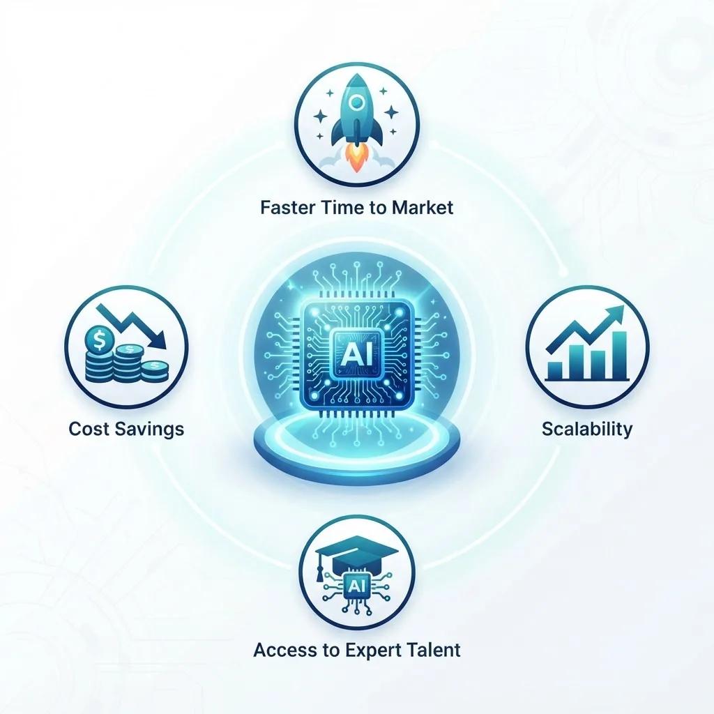 Icons showing cost savings, faster delivery, expert talent, and scalability benefits of outsourcing AI