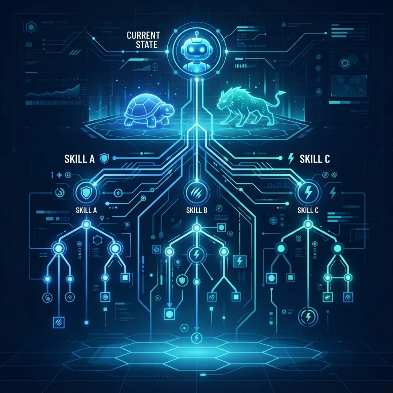 AI decision tree analyzing a turn-based battle