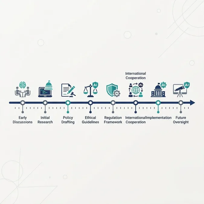 Horizontal timeline of AI policy milestones with government icons