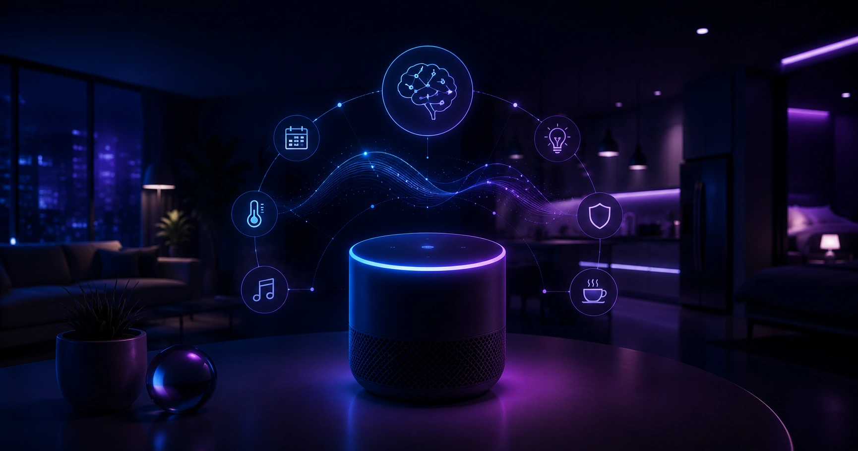 AI smart speaker on a kitchen counter with ambient light ring