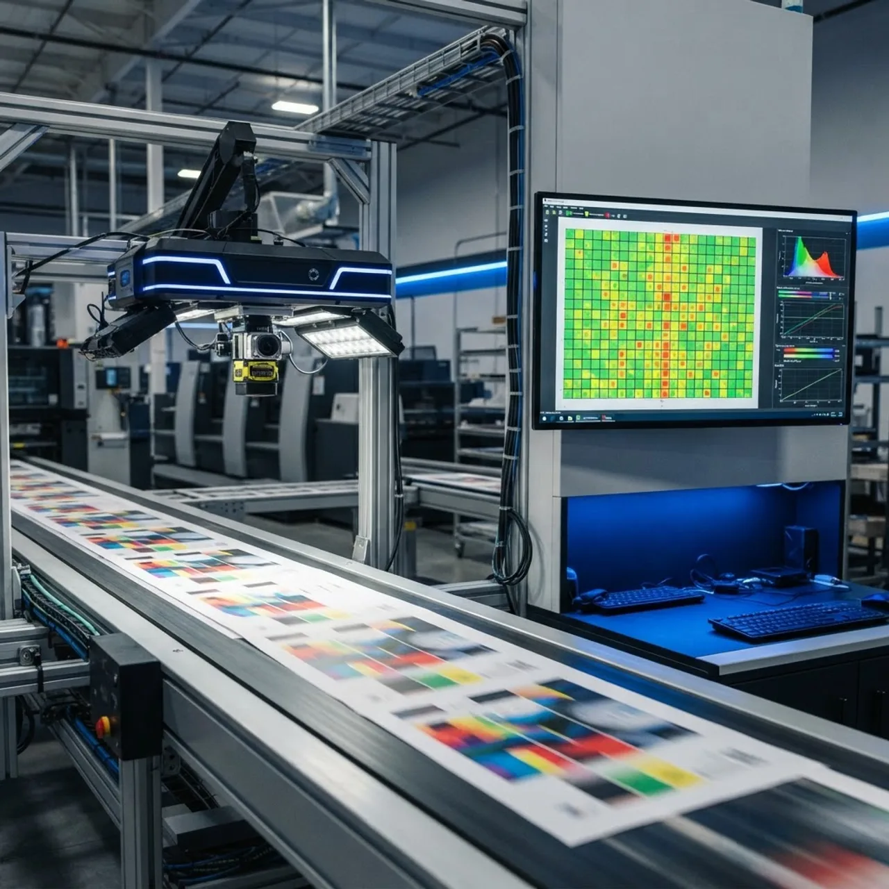 Computer vision camera inspecting printed sheets for defects