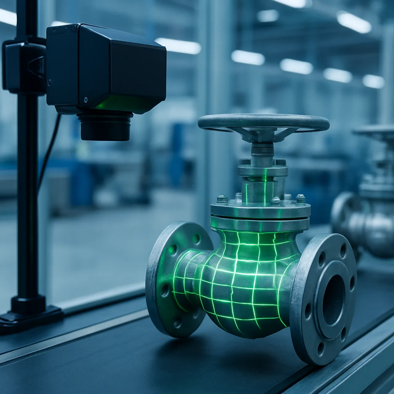 Computer vision system scanning industrial valves for defects on a production line