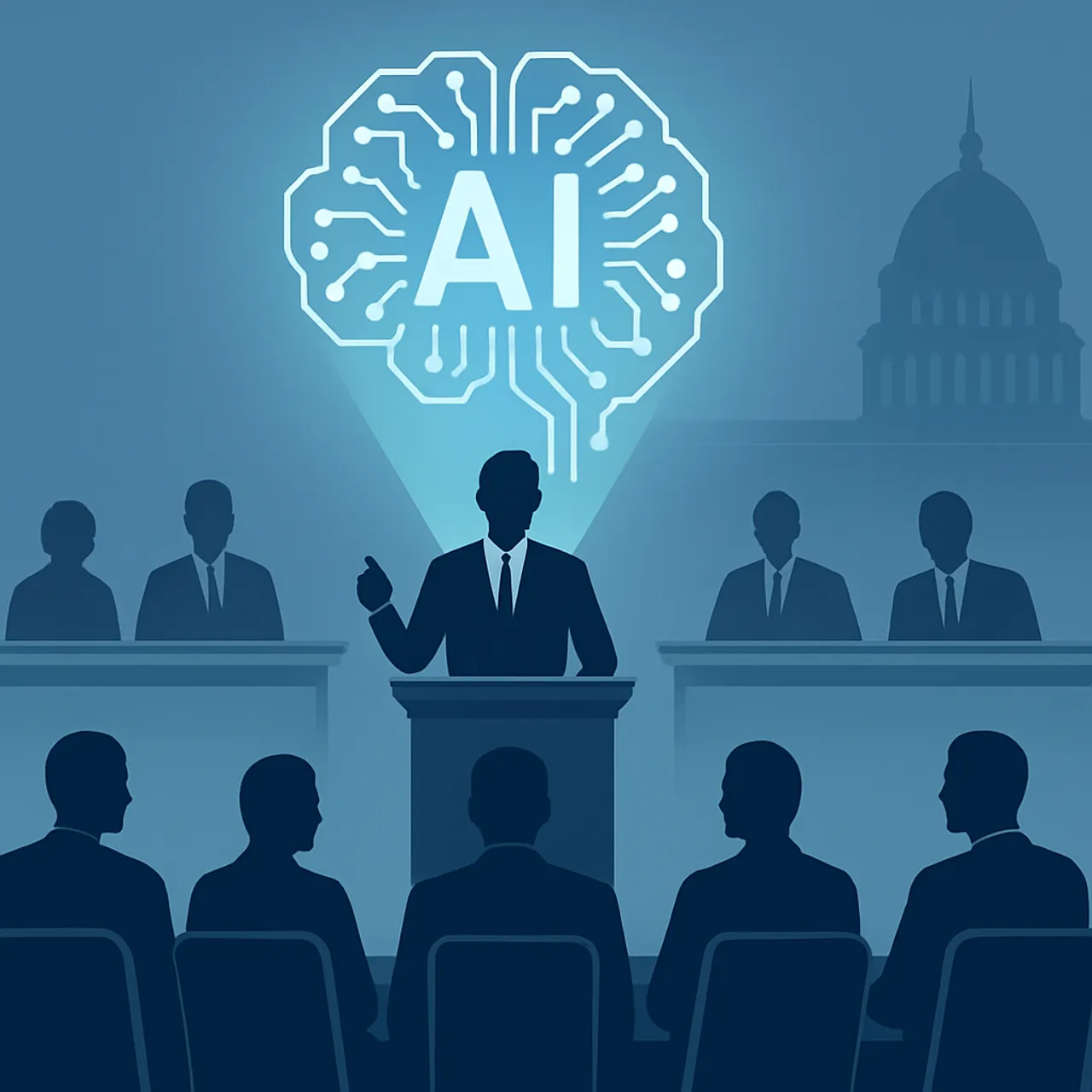 Illustration of US Congress debating AI legislation with digital hologram