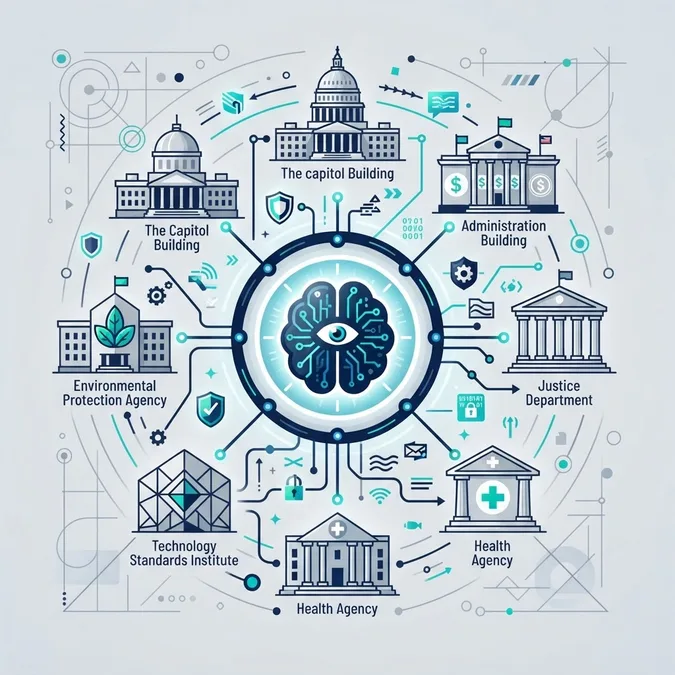 Federal agencies connected to a central AI brain icon