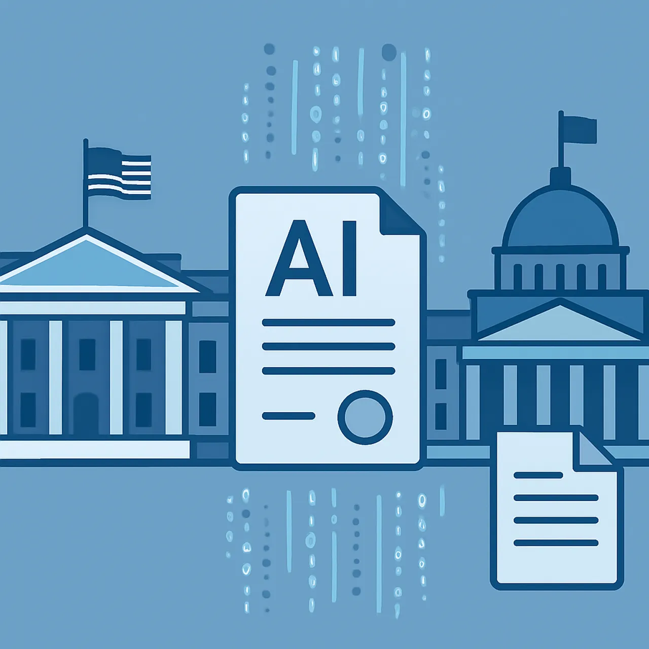 Illustration of US federal AI policy and government buildings with data streams
