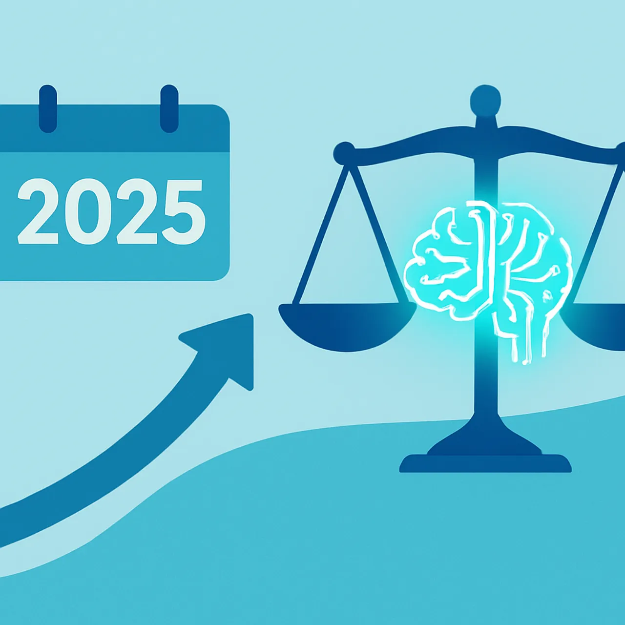 Illustration of the future outlook of AI regulation in 2025 with scales of justice and AI circuit