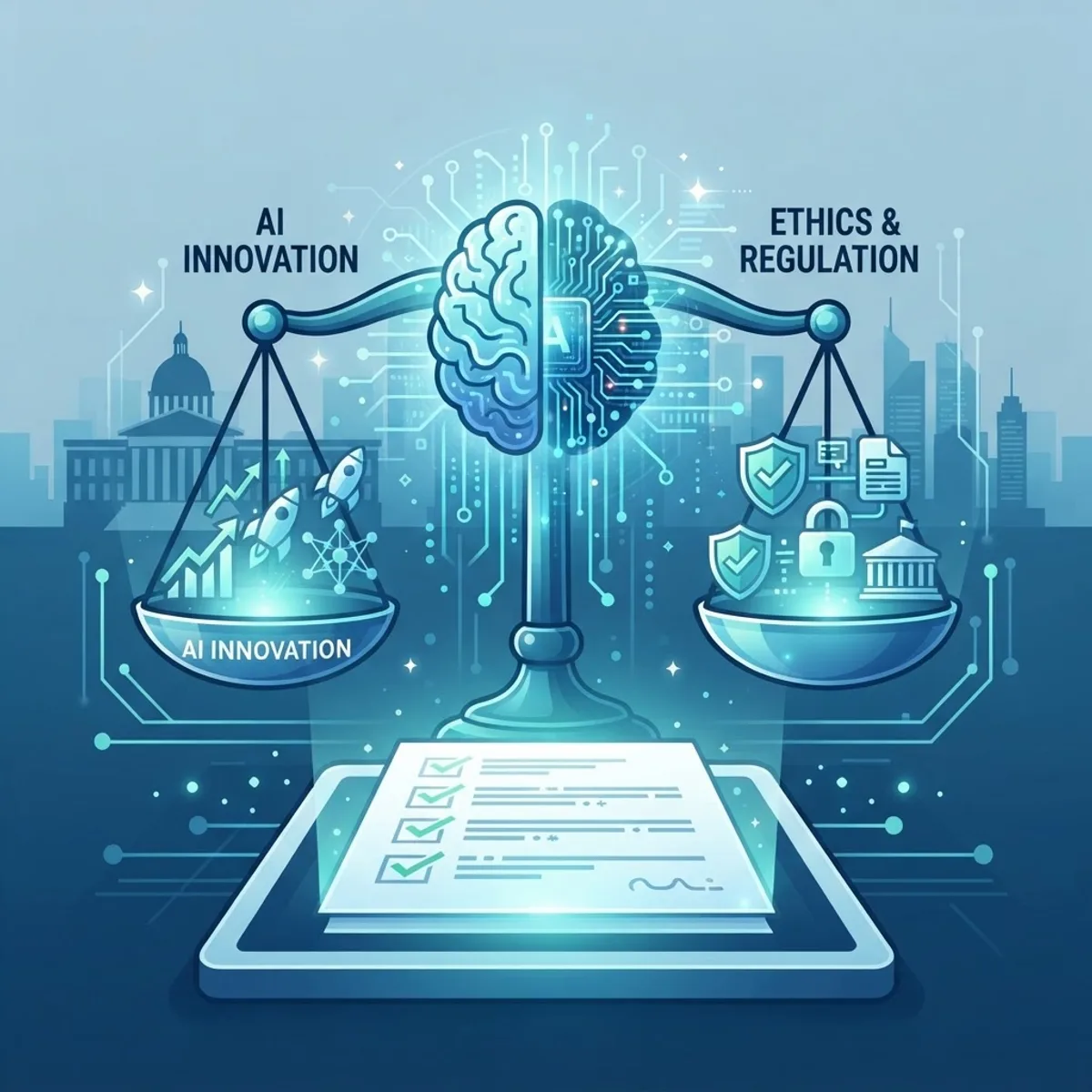 AI regulation and policy concept with balanced scale and digital brain