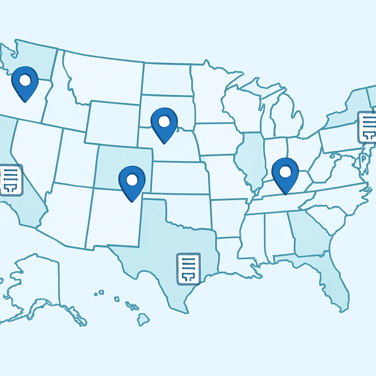 Map illustration of US state level AI laws with location pins