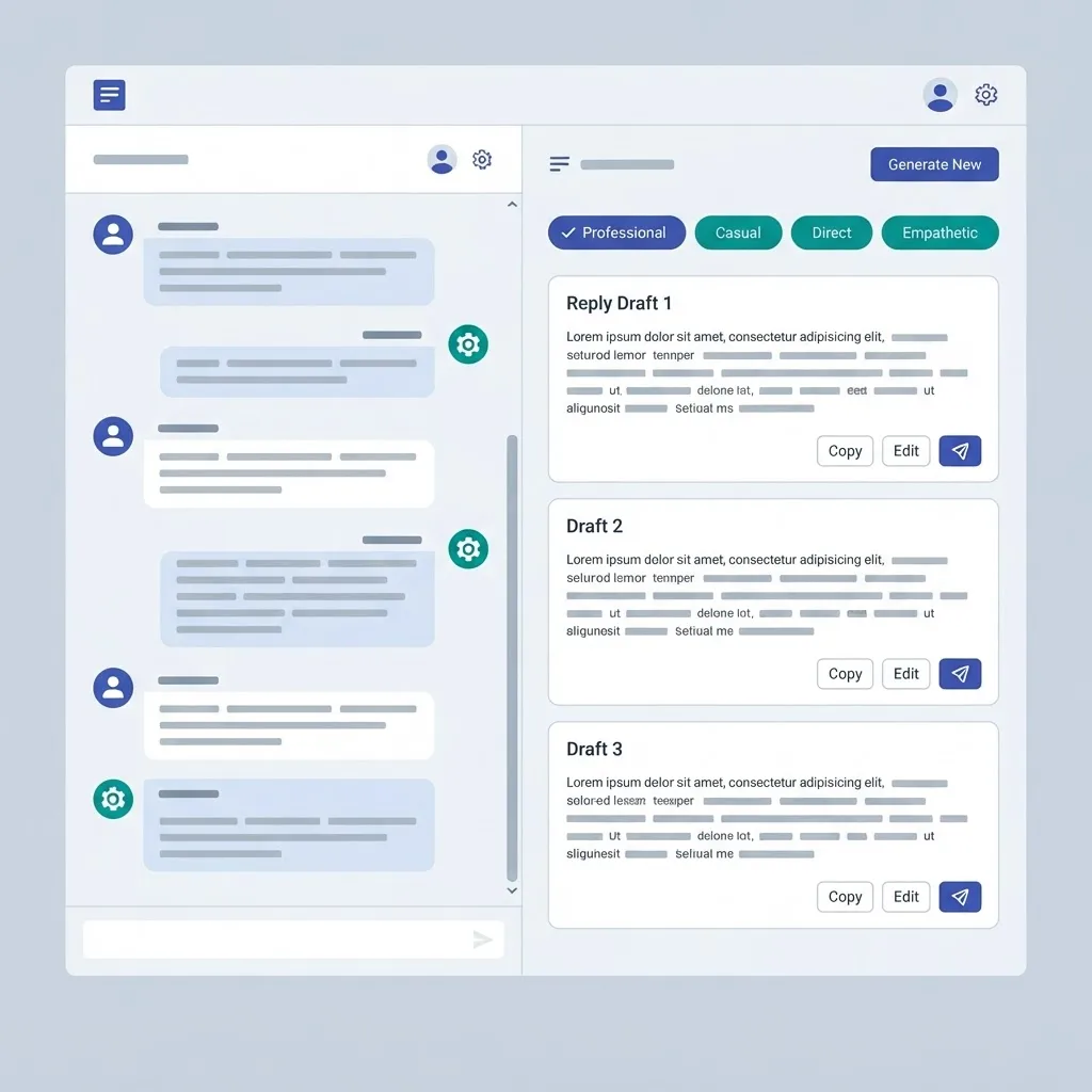 AI response generator dashboard interface with reply drafts and tone controls