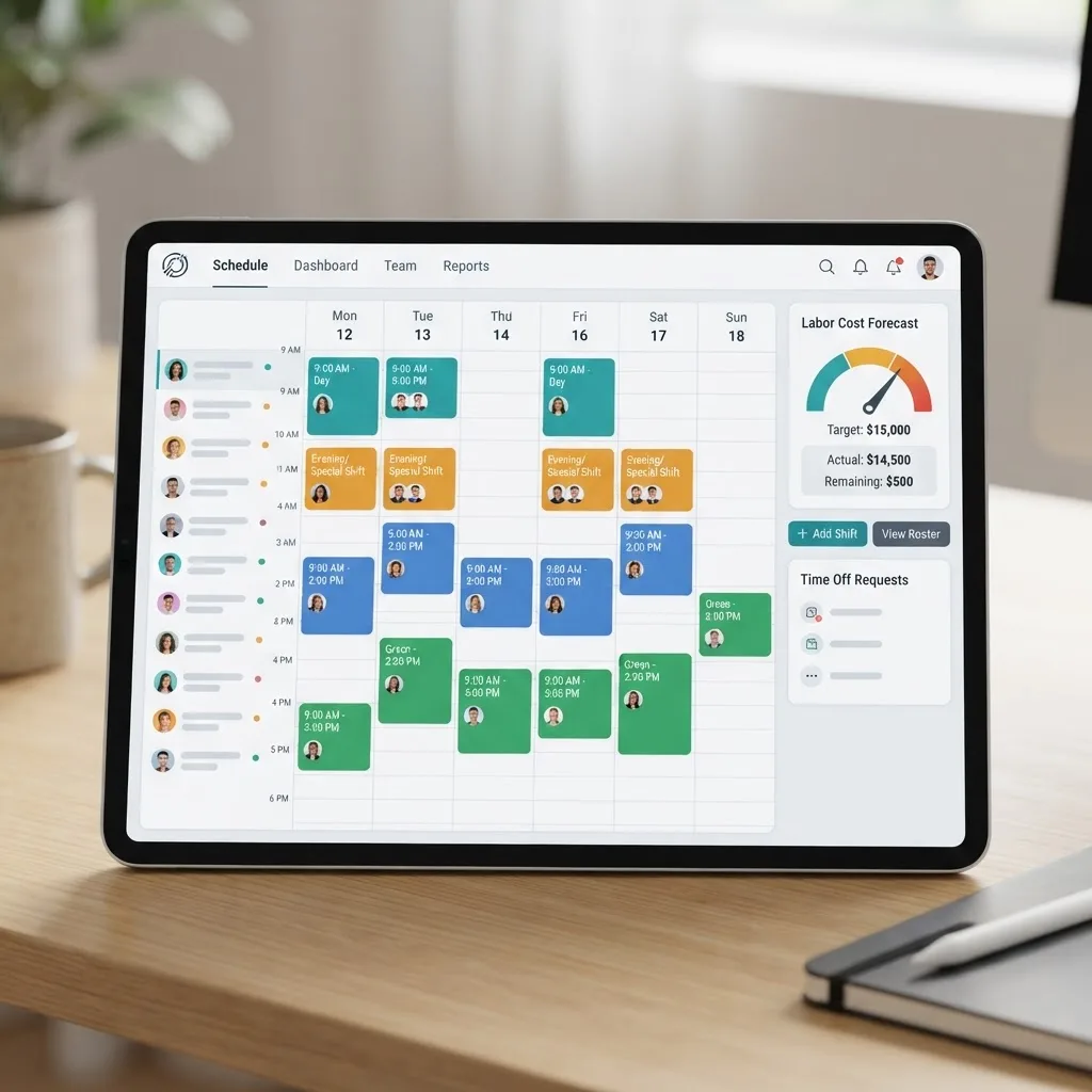 Staff scheduling interface with shift blocks and labor cost gauge