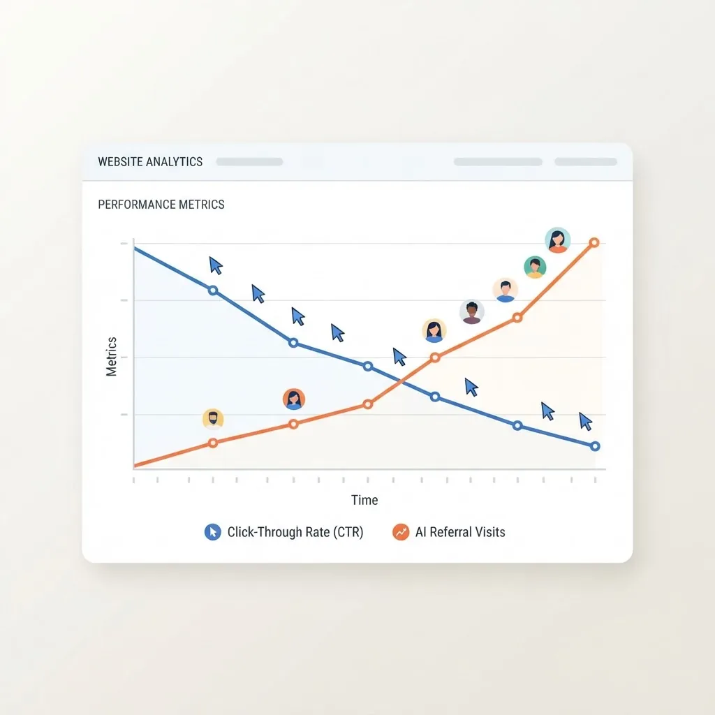 Line chart showing declining click-through rate and rising AI referral visits
