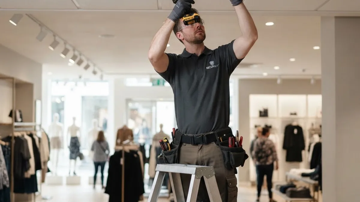 Technician installing an AI security camera in a business