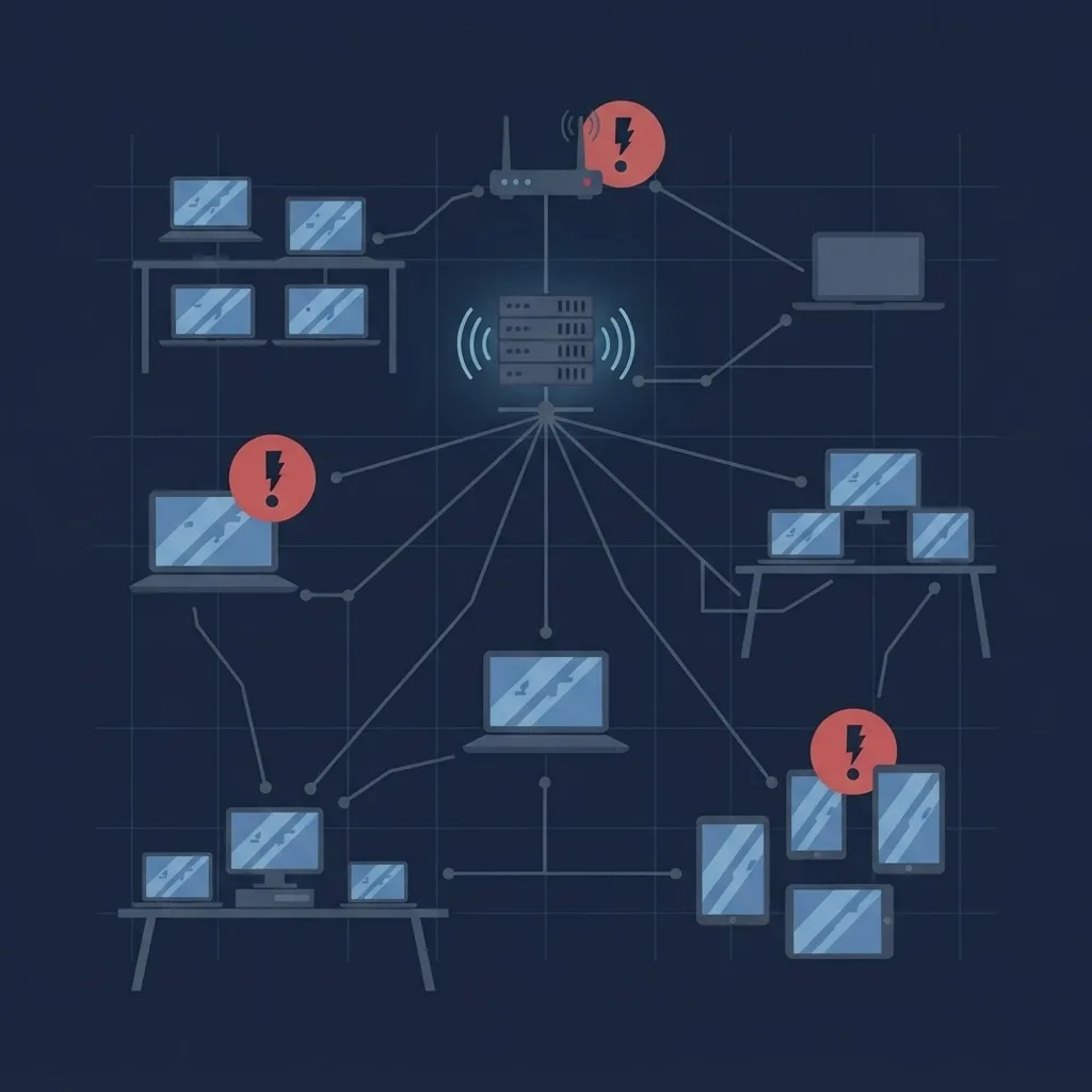 School network diagram showing connected devices with red vulnerability warning nodes