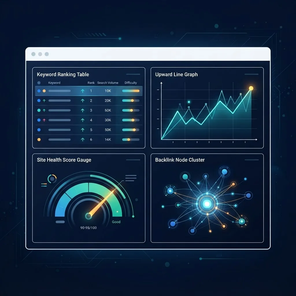 AI SEO tools dashboard showing rankings and site health